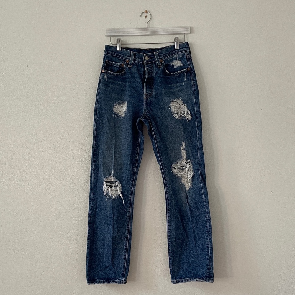 Levi's 501 Jeans Blue Distressed Button Fly Red Tab Classic Jean